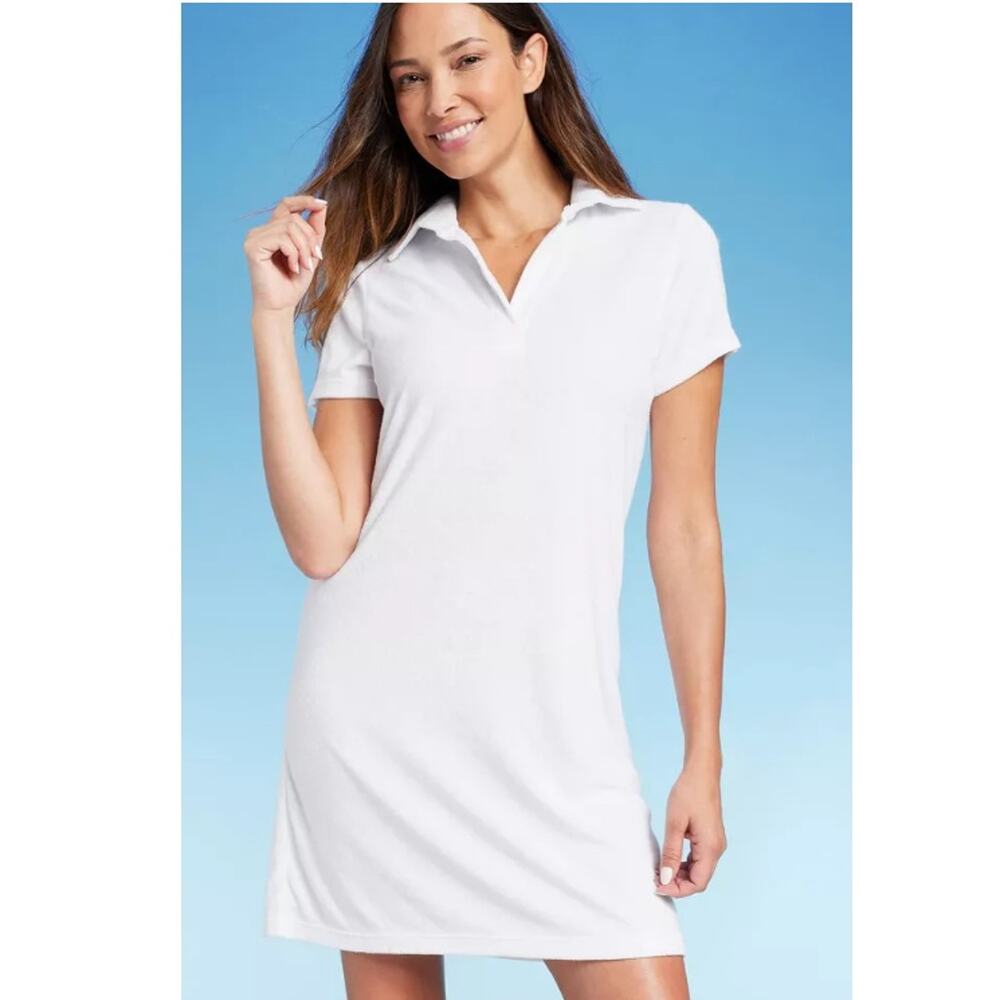 Lands' End White Polo Swim Coverup Dress with Short Sleeves
